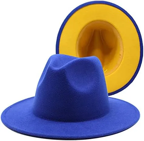 36 Color Double Woolen Felt Hat, European and American Fashion Double-Sided Color Matching Hat, Men and Women Flat Brim Jazz Hat Luopan Caps & Hats(Royal Blue Yellow,Large)