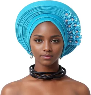 African Nigeria Aoto Gele Head Tie Turbans with Flower for Women Muslim ASO Oke Wedding Party Headwraps