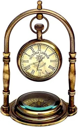 Antique Brass Table Clock with Compass Base Desk Clock Vintage Victoria London Battery Operated Analog Hanging Clock for Home & Office Decor