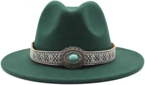 Autumn and Winter Vintage Woolen Hat Women's New National Style Jazz Woolen Hat Europe and America Felt Hat Luopan Caps & Hats (Color : Dark Green, Size : Large(58-60cm))