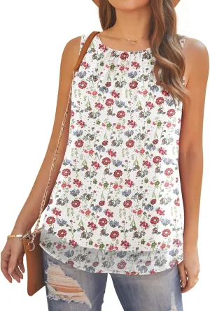 AWULIFFAN Tank Tops for Women Sleeveless Round Neck Tops Casual Pleated Double Layers Chiffon Blouse Shirts