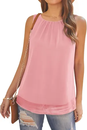 AWULIFFAN Tank Tops for Women Sleeveless Round Neck Tops Casual Pleated Double Layers Chiffon Blouse Shirts