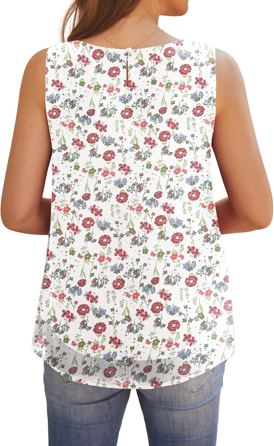 AWULIFFAN Tank Tops for Women Sleeveless Round Neck Tops Casual Pleated Double Layers Chiffon Blouse Shirts