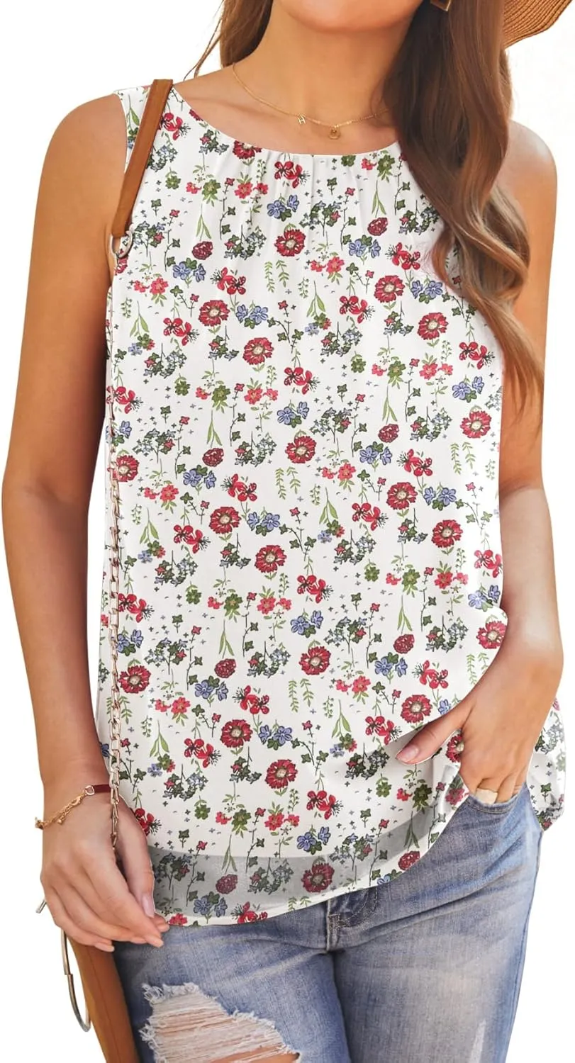 AWULIFFAN Tank Tops for Women Sleeveless Round Neck Tops Casual Pleated Double Layers Chiffon Blouse Shirts