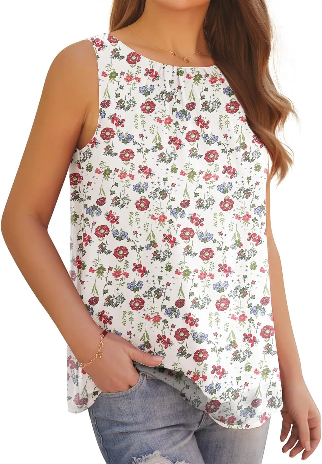 AWULIFFAN Tank Tops for Women Sleeveless Round Neck Tops Casual Pleated Double Layers Chiffon Blouse Shirts