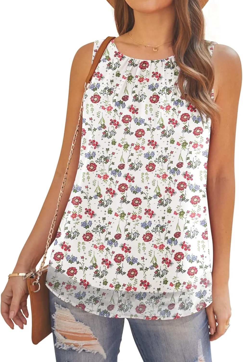 AWULIFFAN Tank Tops for Women Sleeveless Round Neck Tops Casual Pleated Double Layers Chiffon Blouse Shirts