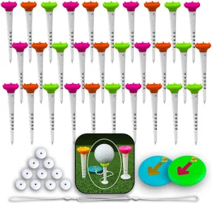 Big Easy Golf Tee Set  Magnetic Tee Keeper, 3.25" Tees with Height Adjust, Direction Guide, 6-Prong Low-Friction Head, Silicone Stopper  (15 pcs/1pack or 30pcs/1Pack), 3-Bright Colors