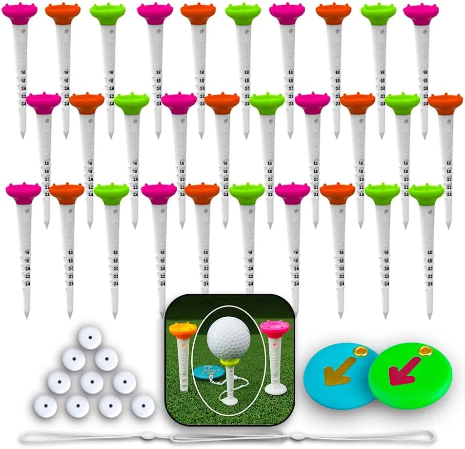 Big Easy Golf Tee Set  Magnetic Tee Keeper, 3.25" Tees with Height Adjust, Direction Guide, 6-Prong Low-Friction Head, Silicone Stopper  (15 pcs/1pack or 30pcs/1Pack), 3-Bright Colors
