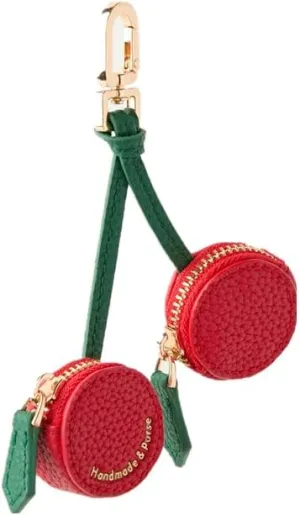 Cherry Design Coin Purse Charm, Red and Green, 6 inch Length, Handmade Mini Zipper Pouch Keychain