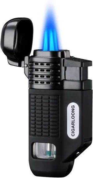 CIGARLOONG Cigar Lighter 4 Jet Torch Blue Flames Refillable Butane Torch Lighter with Cigar Punch (Color:Black)