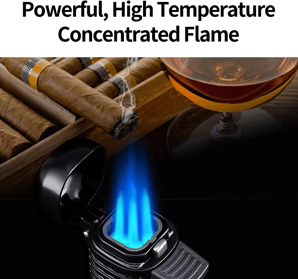 CIGARLOONG Cigar Lighter 4 Jet Torch Blue Flames Refillable Butane Torch Lighter with Cigar Punch (Color:Black)