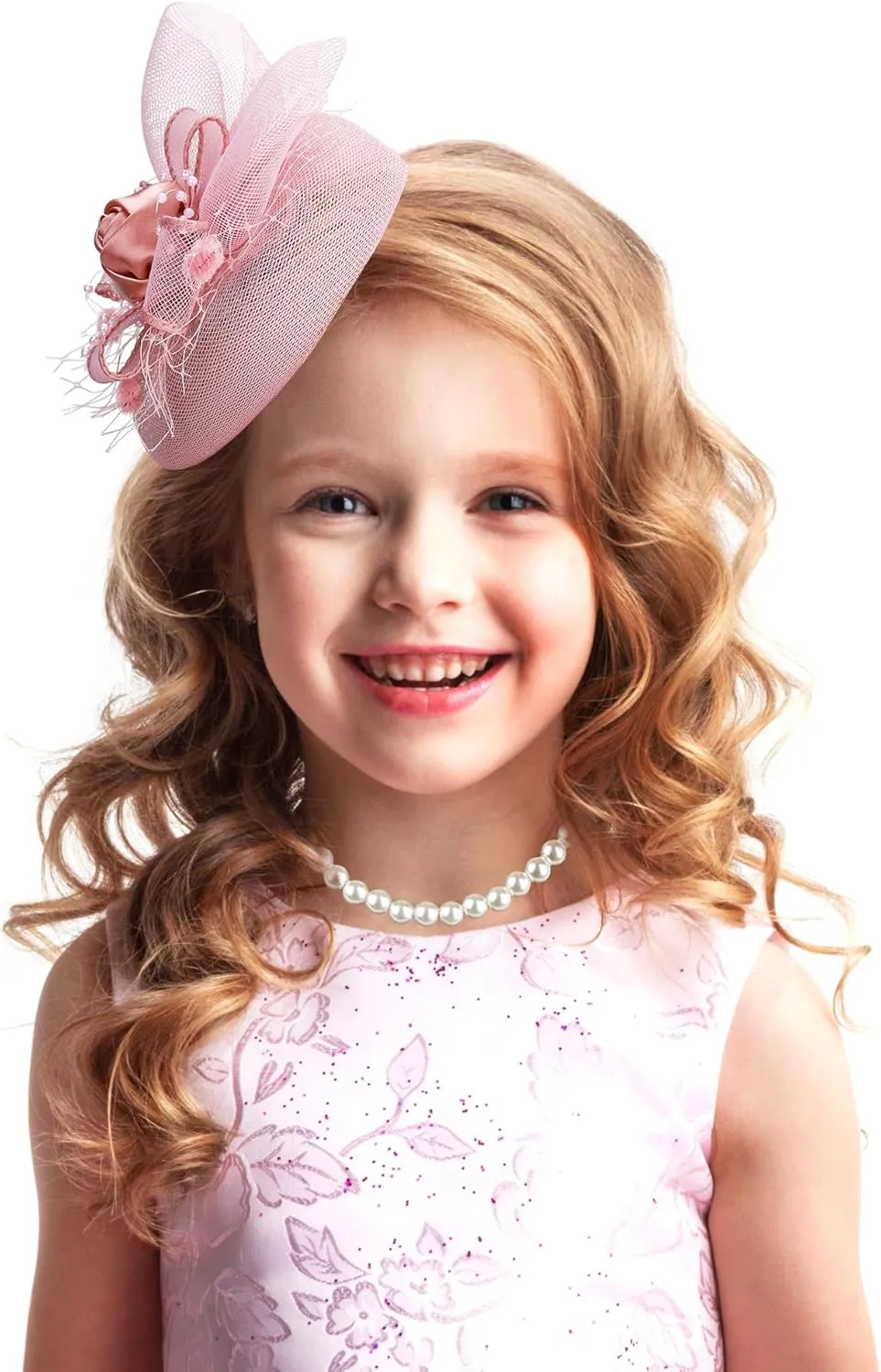 Cute Mini Fascinator Hats - Pink Mini Elegant Veil Mesh Hat with Pearl Necklace Set for Women Girls, Little High Tea Party Kentucky Fascinator with Clip for 1920s 50s Accessories