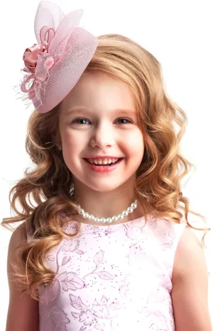 Cute Mini Fascinator Hats - Pink Mini Elegant Veil Mesh Hat with Pearl Necklace Set for Women Girls, Little High Tea Party Kentucky Fascinator with Clip for 1920s 50s Accessories