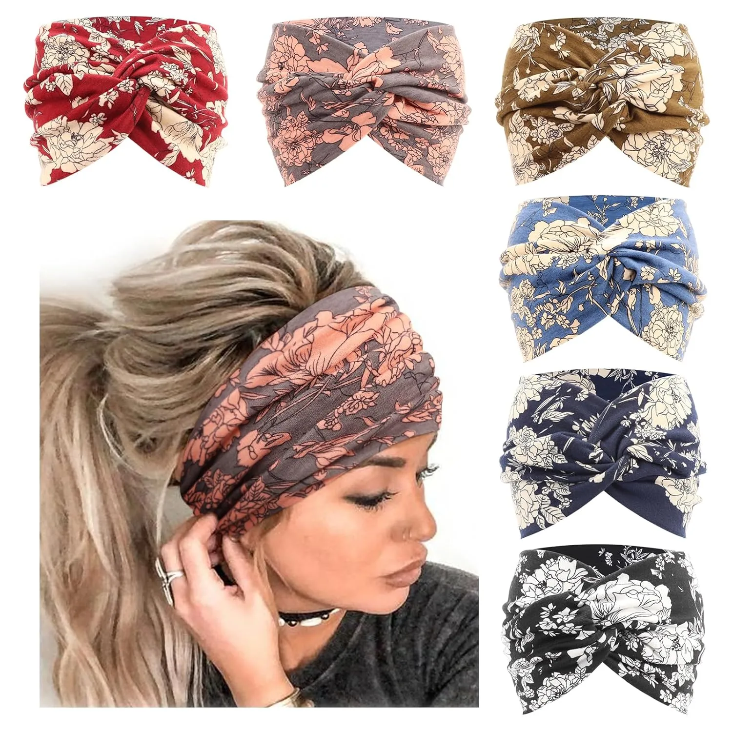 DRESHOW 6 Pack Extra Wide Headbands for Women Large Turban Headband Boho Head Wrap Elastic Hairbands Hair Twisted Knot Hair Accessories