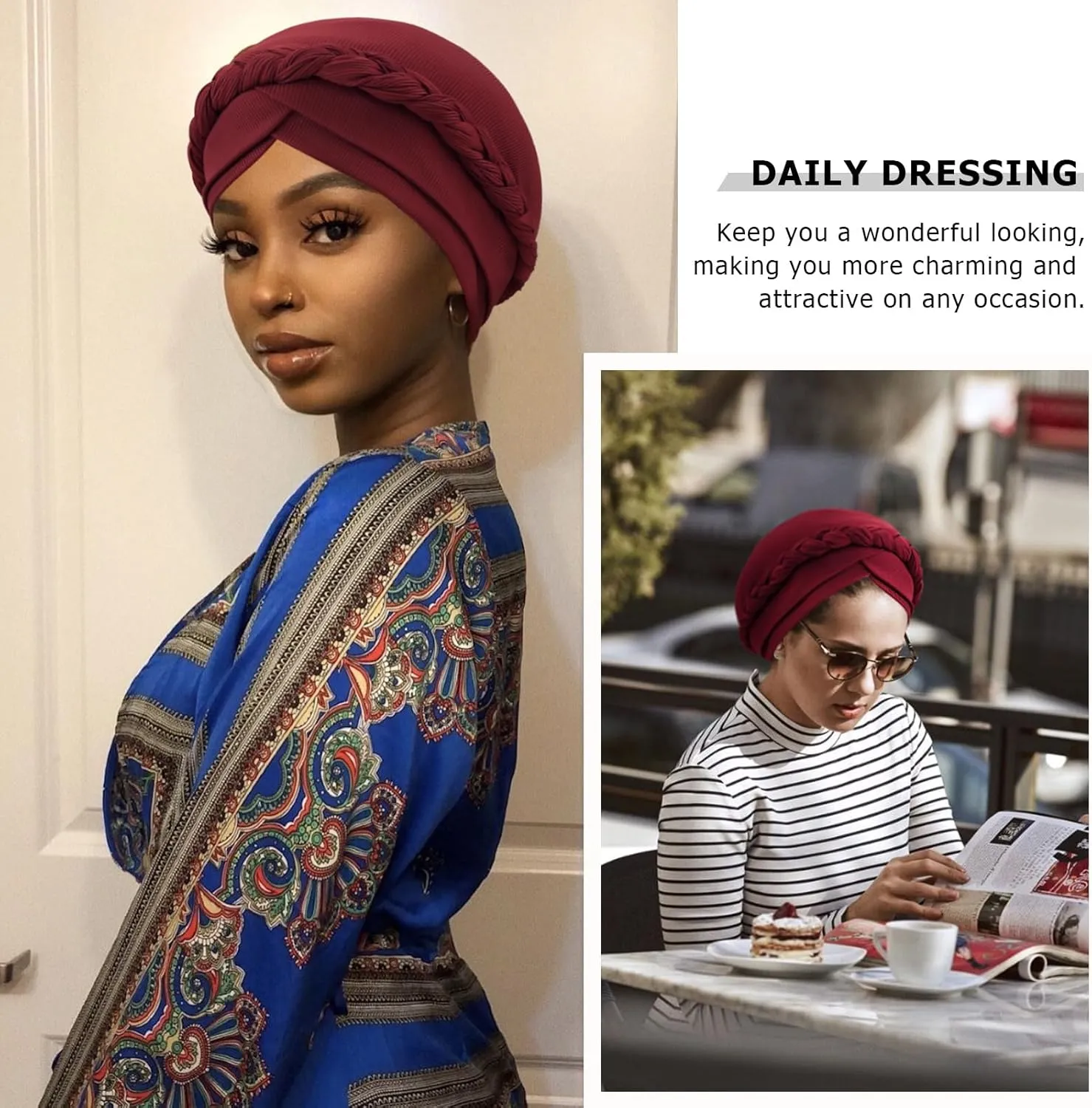 DRESHOW African Women Turban Caps Beanie Twist Headscarf Pre-Tied Double Twisted Braid Hair Cover Wrap Hat Chemo Cancer Cap