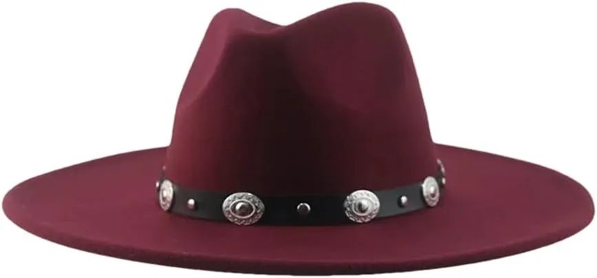 Fedoras Hats for Women Panama Wide Brim Big Size Belt Casual Formal Men Caps Sombreros Wine red 56-58cm(Adults)