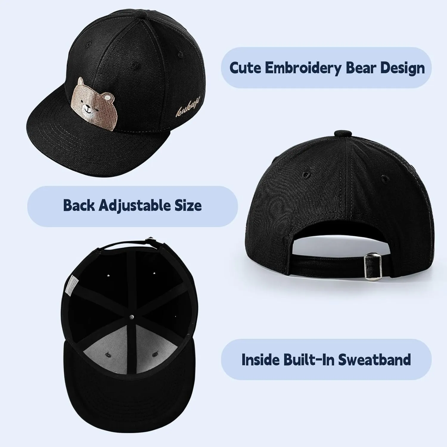 Flat Bill Baseball Caps for Boys Girls Cute Bear Hats Funny Embroidered Cotton Snapback Hats Age 3-8