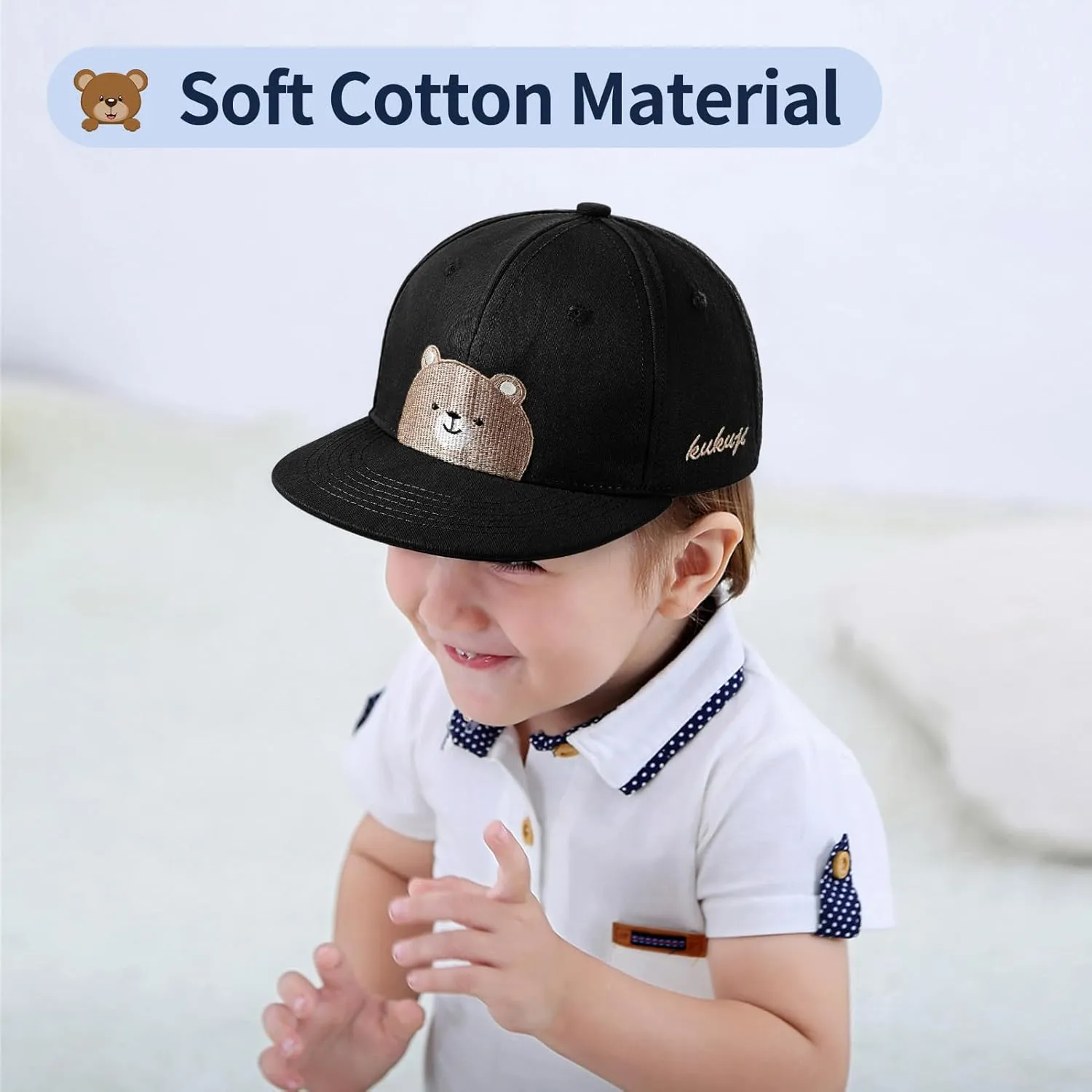 Flat Bill Baseball Caps for Boys Girls Cute Bear Hats Funny Embroidered Cotton Snapback Hats Age 3-8