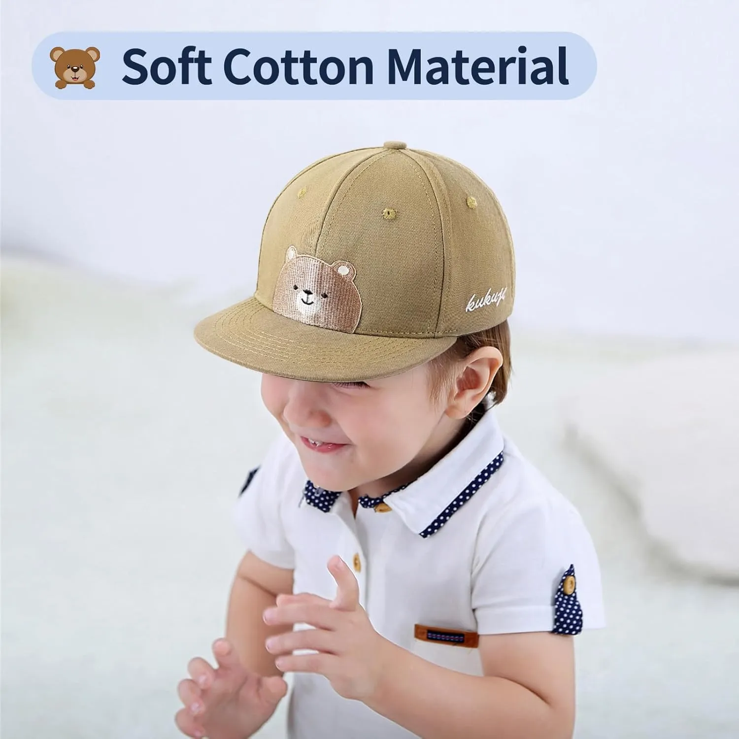 Flat Bill Baseball Caps for Boys Girls Cute Bear Hats Funny Embroidered Cotton Snapback Hats Age 3-8