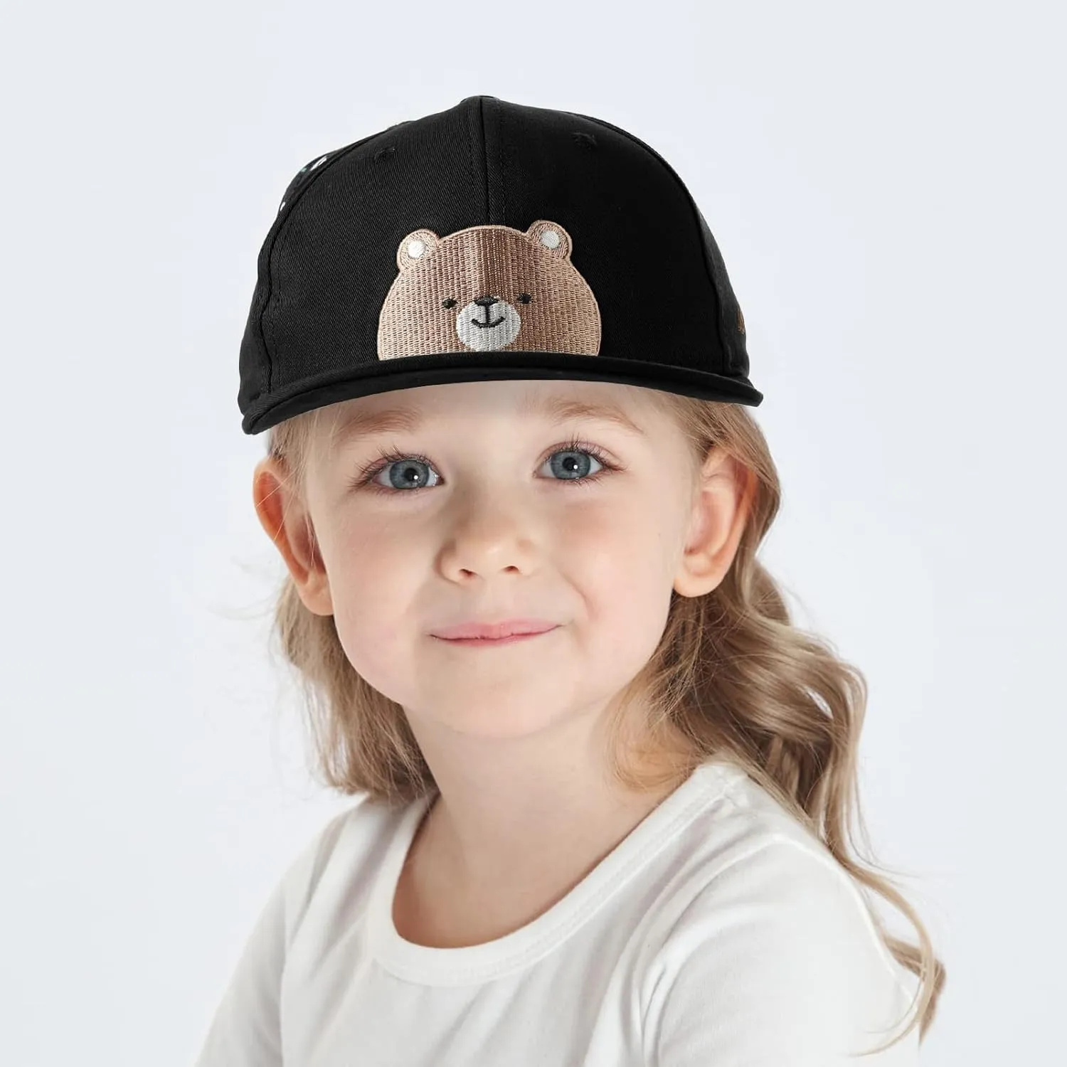 Flat Bill Baseball Caps for Boys Girls Cute Bear Hats Funny Embroidered Cotton Snapback Hats Age 3-8