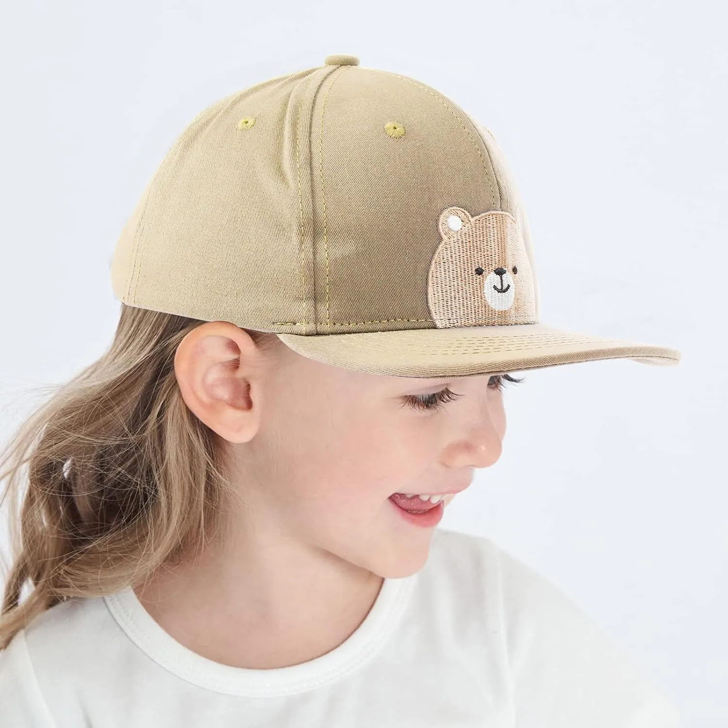 Flat Bill Baseball Caps for Boys Girls Cute Bear Hats Funny Embroidered Cotton Snapback Hats Age 3-8