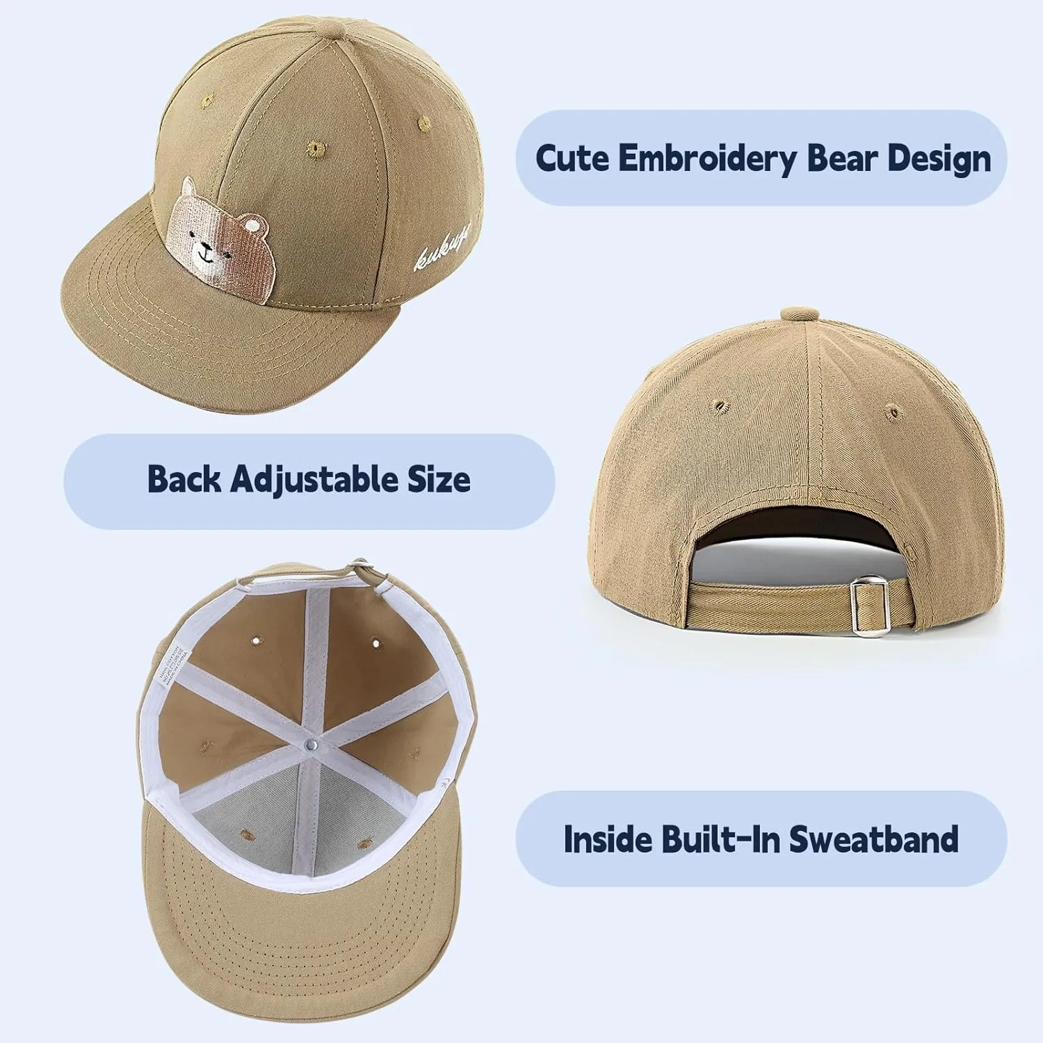 Flat Bill Baseball Caps for Boys Girls Cute Bear Hats Funny Embroidered Cotton Snapback Hats Age 3-8