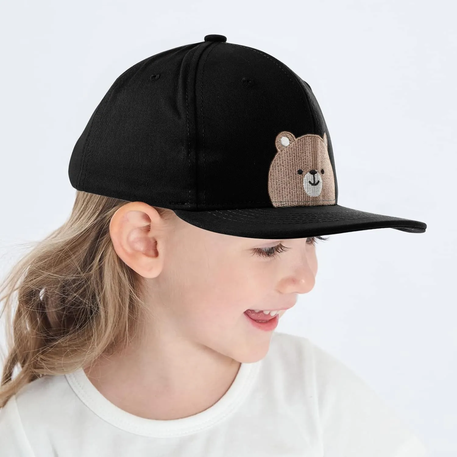 Flat Bill Baseball Caps for Boys Girls Cute Bear Hats Funny Embroidered Cotton Snapback Hats Age 3-8