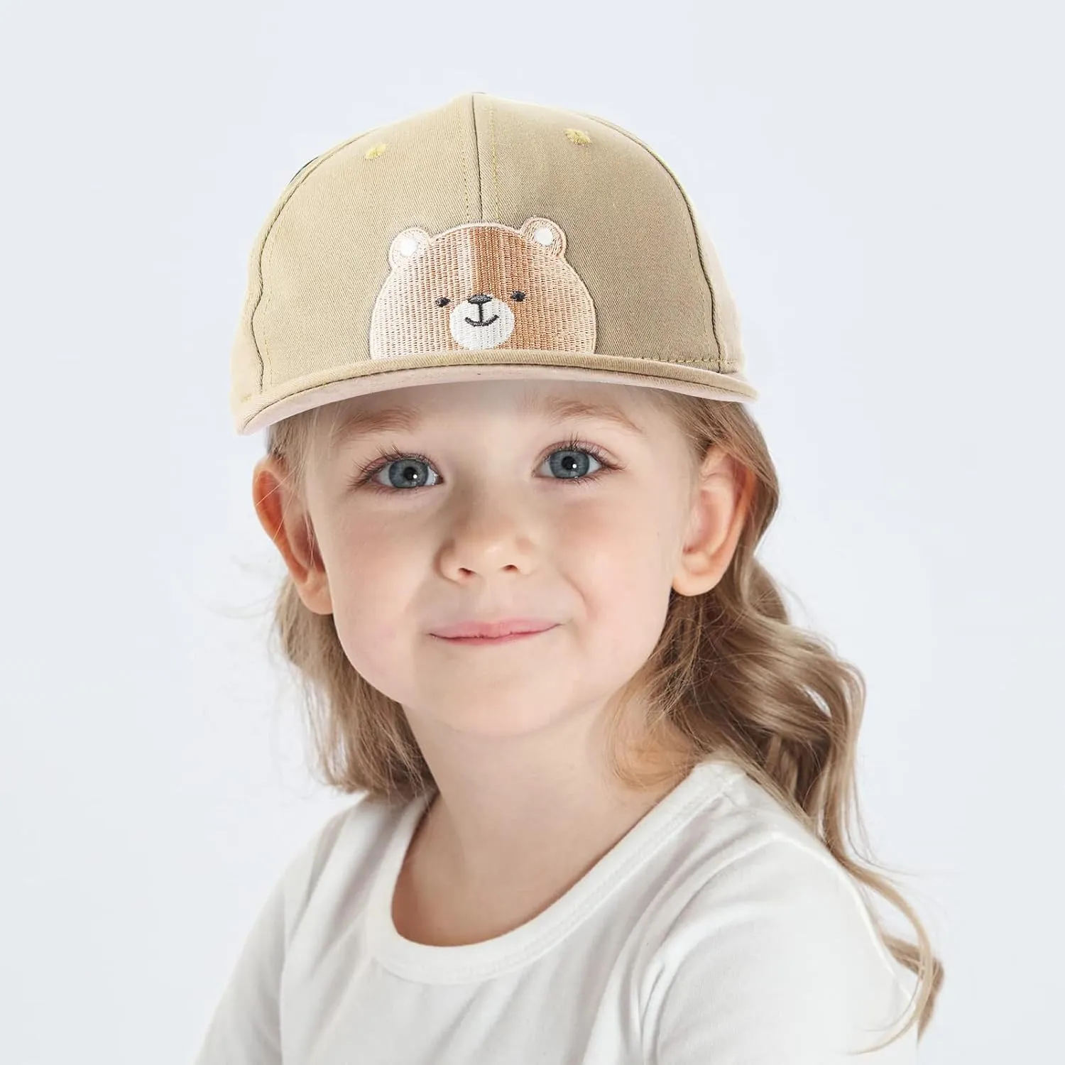 Flat Bill Baseball Caps for Boys Girls Cute Bear Hats Funny Embroidered Cotton Snapback Hats Age 3-8