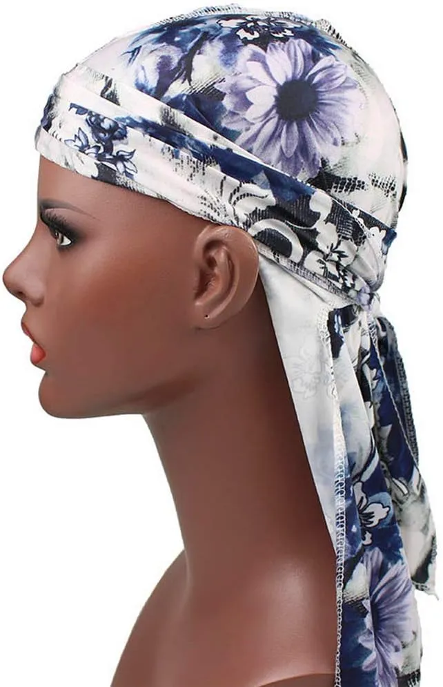 Floral Print Men Soft Silk Durag Long Tail Straps Spandex Wave Cap Bandanas Hat