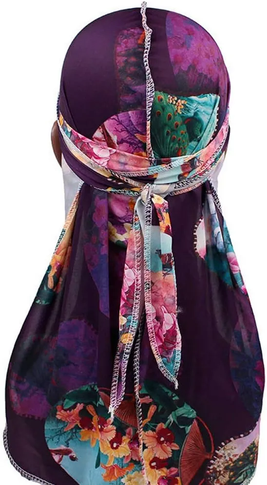 Floral Print Men Soft Silk Durag Long Tail Straps Spandex Wave Cap Bandanas Hat