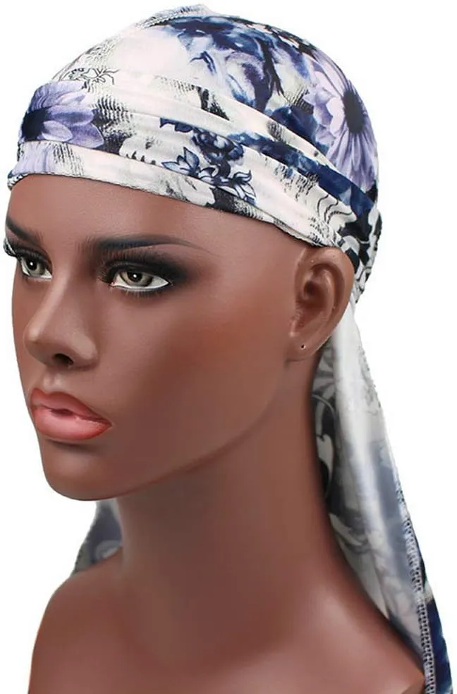 Floral Print Men Soft Silk Durag Long Tail Straps Spandex Wave Cap Bandanas Hat