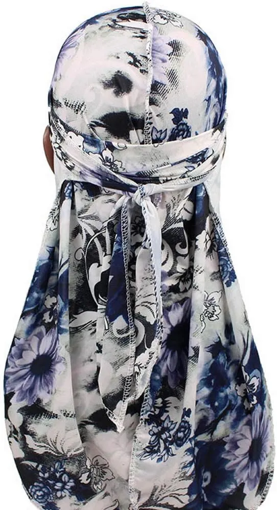 Floral Print Men Soft Silk Durag Long Tail Straps Spandex Wave Cap Bandanas Hat