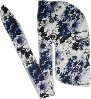 Floral Print Men Soft Silk Durag Long Tail Straps Spandex Wave Cap Bandanas Hat