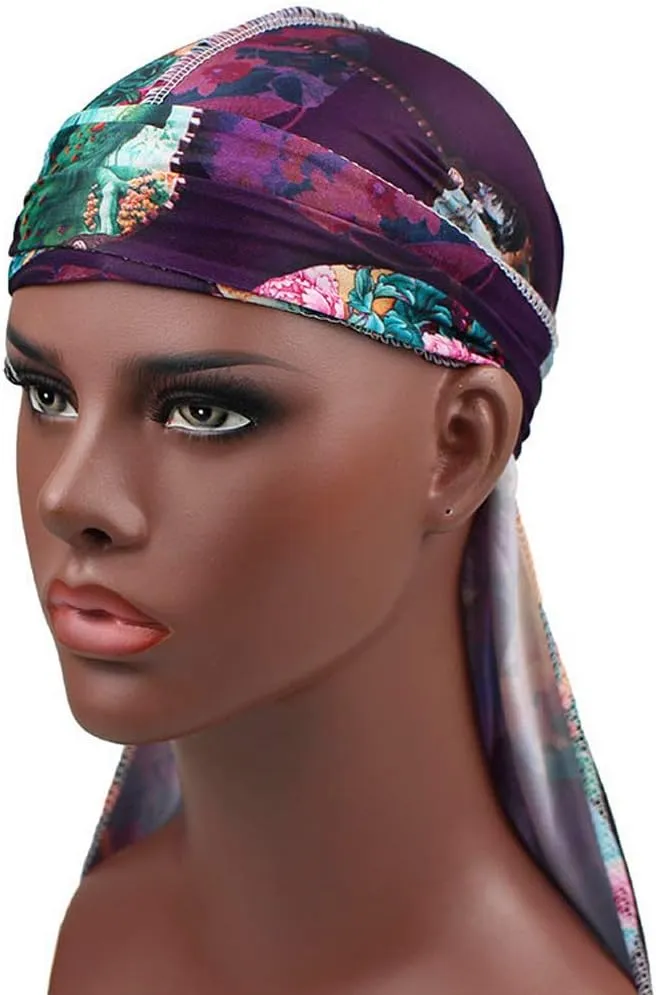 Floral Print Men Soft Silk Durag Long Tail Straps Spandex Wave Cap Bandanas Hat