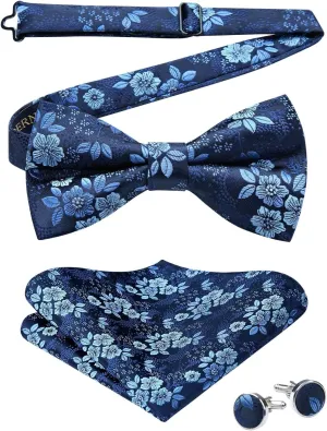 HISDERN Bow Ties for Men Pre-Tied Bow Tie Floral Paisley Handkerchief Classic Formal Bowtie and Pocket Square Cufflinks Set