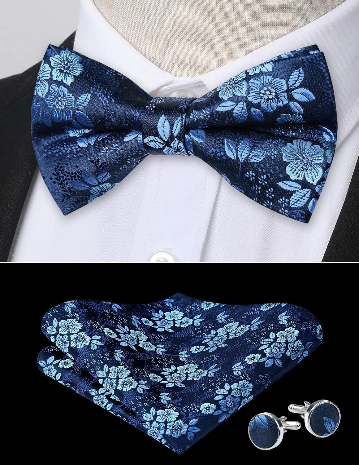 HISDERN Bow Ties for Men Pre-Tied Bow Tie Floral Paisley Handkerchief Classic Formal Bowtie and Pocket Square Cufflinks Set
