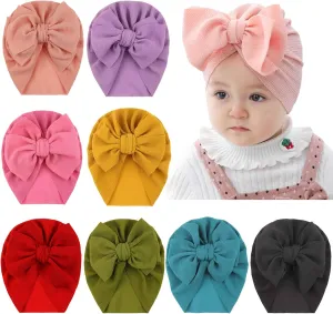 inSowni 8 Pack Solid Large Turban Hat Cap Beanie Bonnet with Big Hair Bow Hospital Baby Hats Knot Headwraps Turbans for Newborn Baby Girls Toddlers Infants Kids