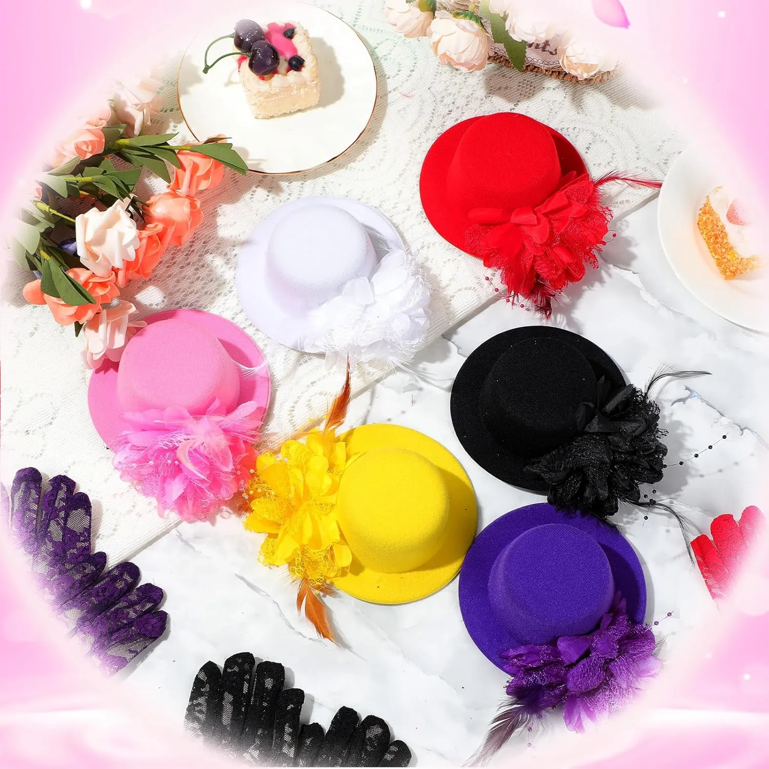 JaGely 12 Pcs Tea Party Fascinator Set Flower Mesh Ribbons Feathers Tea Party Hats for Girls with Lace Gloves for Girls Kids