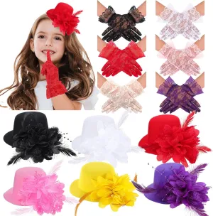 JaGely 12 Pcs Tea Party Fascinator Set Flower Mesh Ribbons Feathers Tea Party Hats for Girls with Lace Gloves for Girls Kids