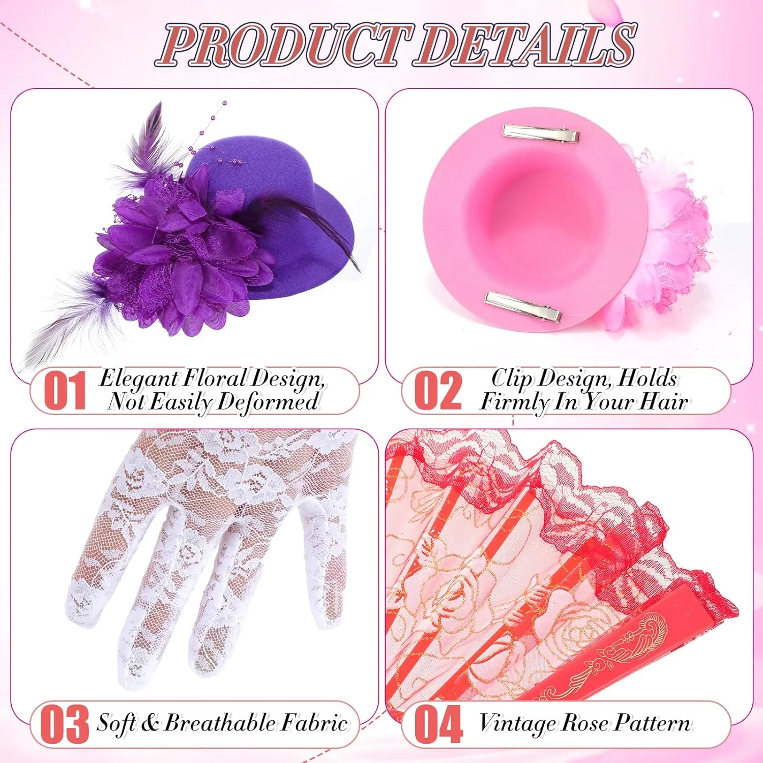 JaGely 12 Pcs Tea Party Fascinator Set Flower Mesh Ribbons Feathers Tea Party Hats for Girls with Lace Gloves for Girls Kids