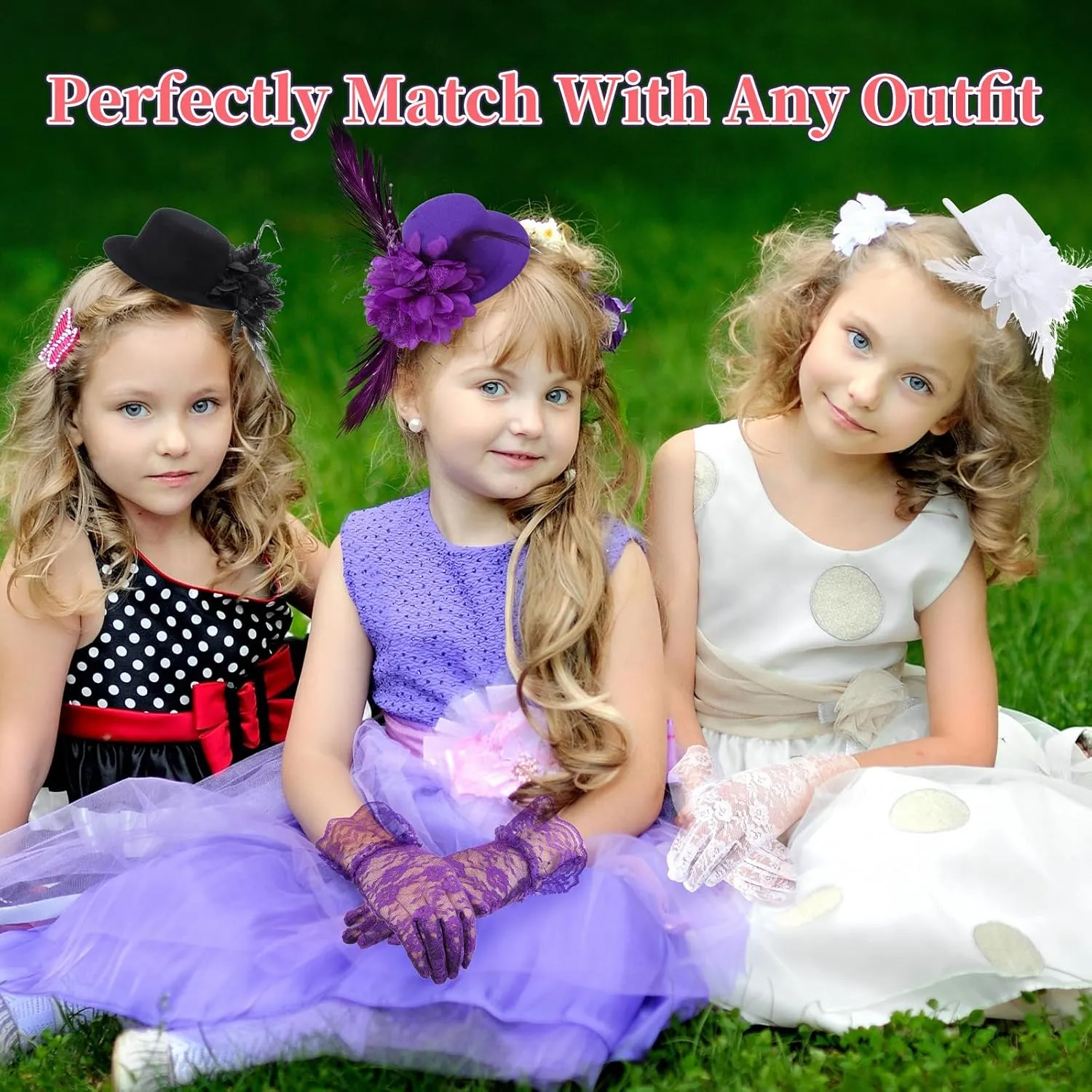 JaGely 12 Pcs Tea Party Fascinator Set Flower Mesh Ribbons Feathers Tea Party Hats for Girls with Lace Gloves for Girls Kids