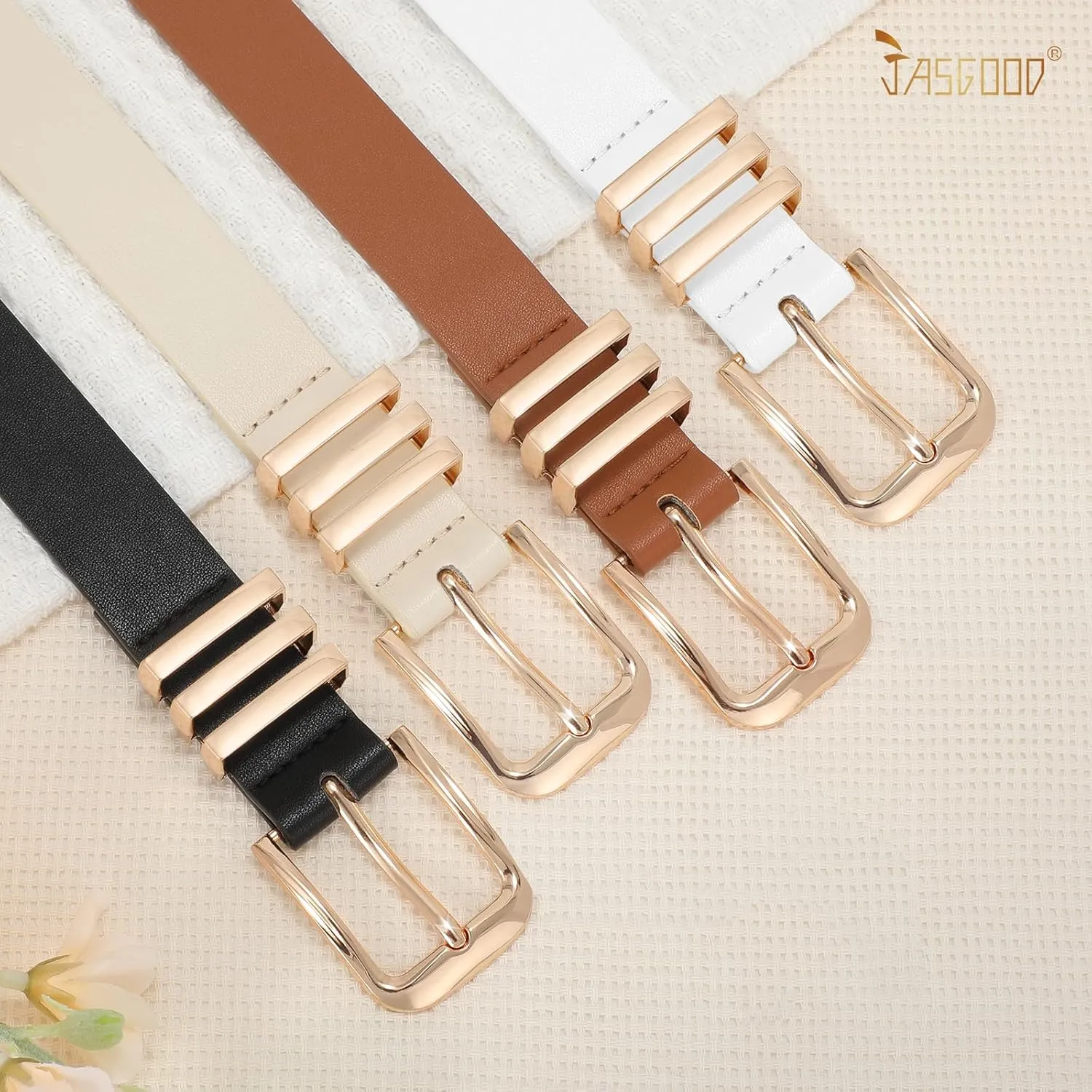 JASGOOD Women's Leather Belt Ladies Fashion Gold Buckle Belt for Jeans Pants Dress
