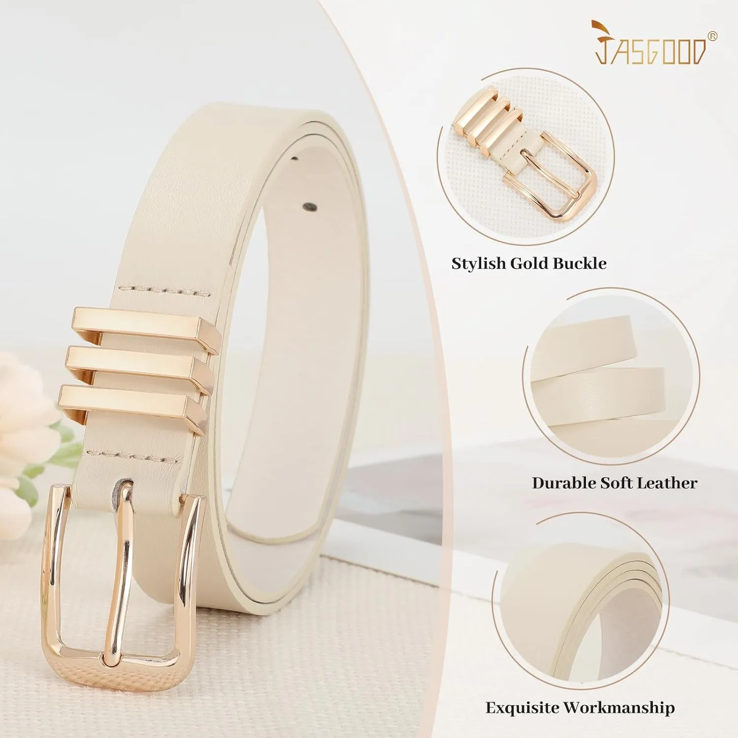JASGOOD Women's Leather Belt Ladies Fashion Gold Buckle Belt for Jeans Pants Dress