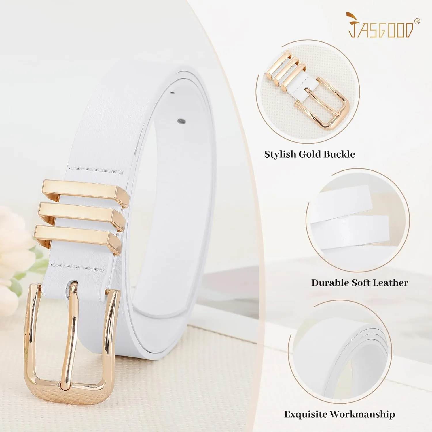 JASGOOD Women's Leather Belt Ladies Fashion Gold Buckle Belt for Jeans Pants Dress