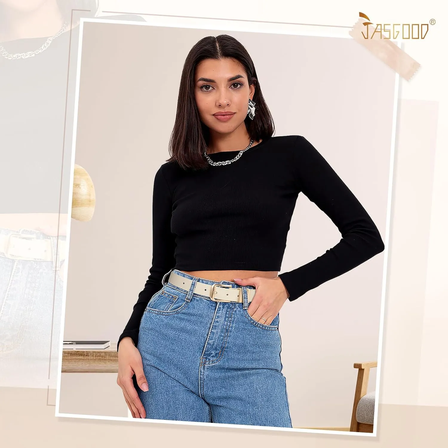 JASGOOD Women's Leather Belt Ladies Fashion Gold Buckle Belt for Jeans Pants Dress