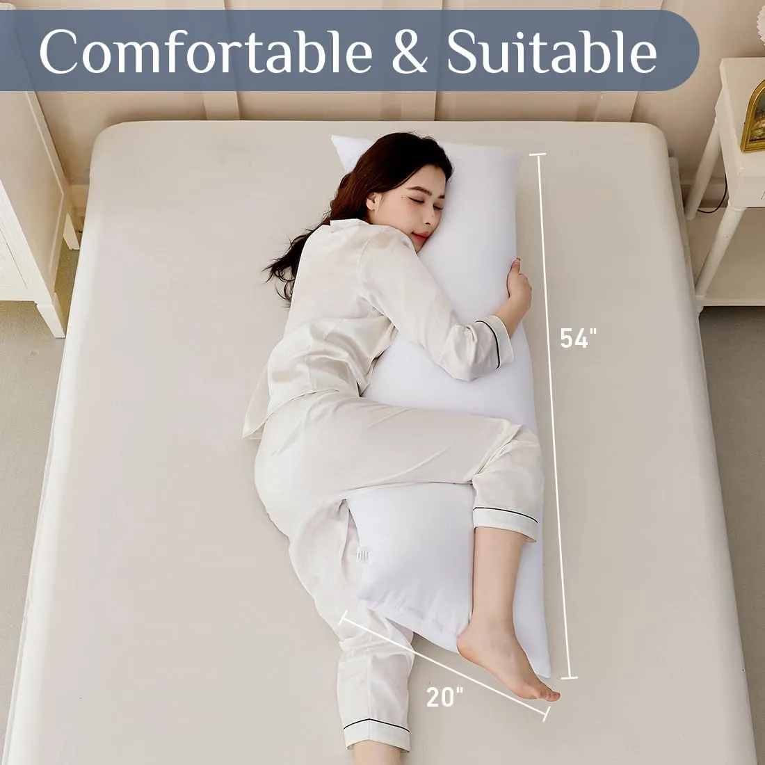 Leeden Full Body Pillow for Adults, Firm and Fluffy Long Pillow Insert, Breathable Pillow for Side Sleepers and Bed Support20x54 White