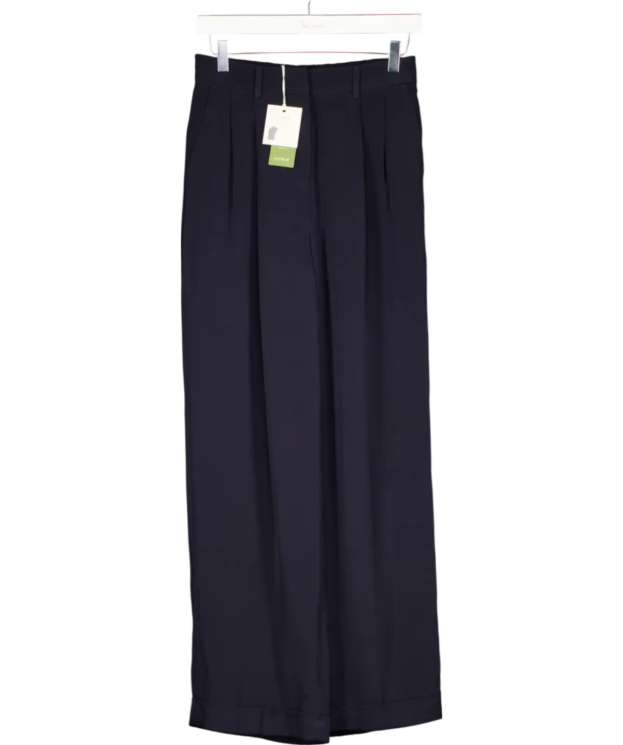 Lily Silk Blue Wide Leg Turnover Hem Silk Trousers UK 10