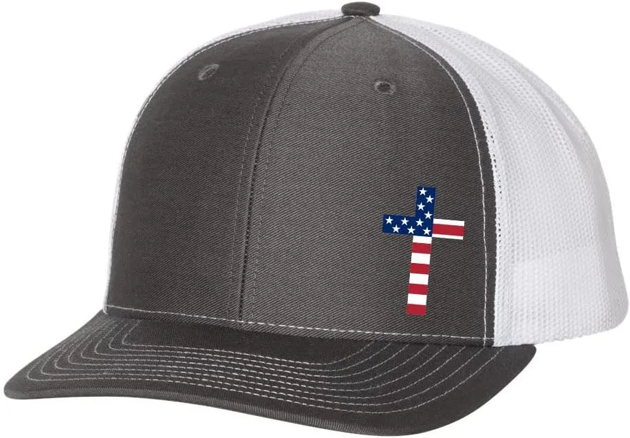 Men's Christian American Flag Filled Cross Jesus Patriotic Embroidered Mesh Back Trucker Hat