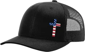Men's Christian American Flag Filled Cross Jesus Patriotic Embroidered Mesh Back Trucker Hat