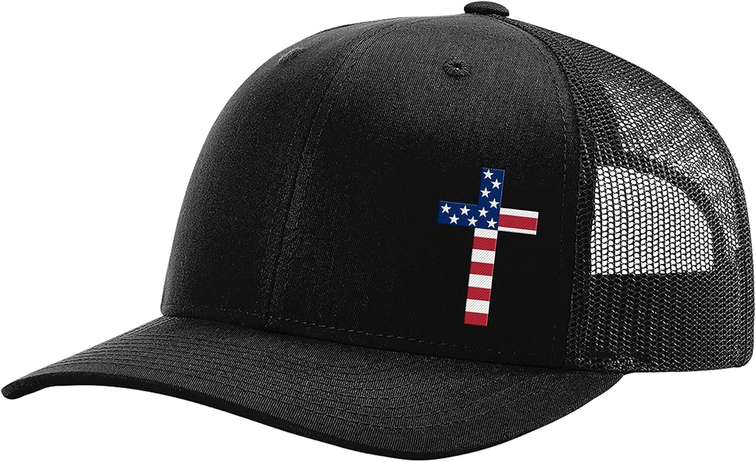 Men's Christian American Flag Filled Cross Jesus Patriotic Embroidered Mesh Back Trucker Hat